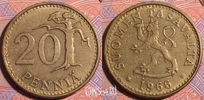 Финляндия 20 пенни 1966 года, KM# 47, a055-104