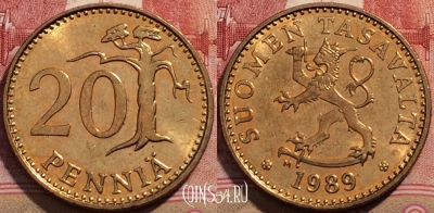 Финляндия 20 пенни 1989 года, KM# 47, 206-011