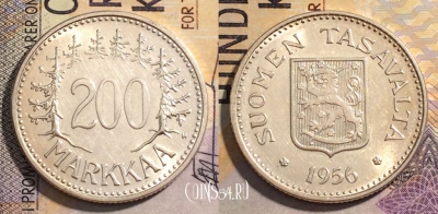 Финляндия 200 марок 1956 года, KM# 42, 162-123
