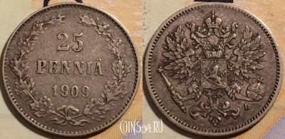 Монета Финляндия 25 пенни 1909 года, KM# 6, Ag, 204-034