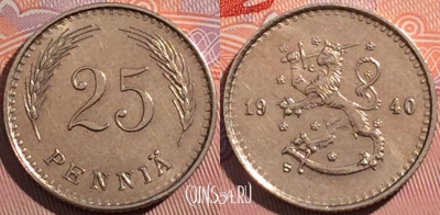 Финляндия 25 пенни 1940 года, KM# 25, a117-112
