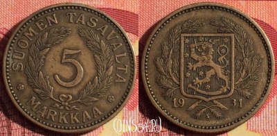 Финляндия 5 марок 1931 года, KM# 31, 258i-036