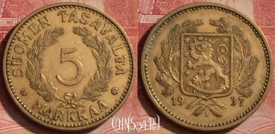Финляндия 5 марок 1937 года, KM# 31, 068l-009