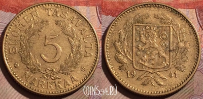 Финляндия 5 марок 1941 года, KM# 31, 202b-084
