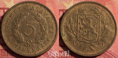 Финляндия 5 марок 1951 года, KM# 31a, 175j-060