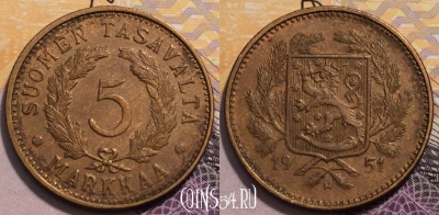 Финляндия 5 марок 1951 года, KM# 31а, 234-055