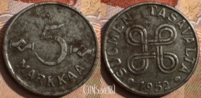 Финляндия 5 марок 1952 г., железо, KM# 37, 437s-051