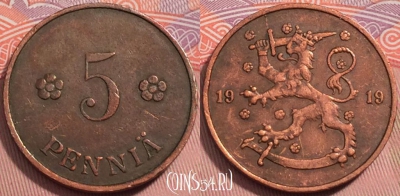 Финляндия 5 пенни 1919 года, KM# 22, 242-022