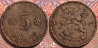 Финляндия 5 пенни 1937 года, KM# 22, 242-024