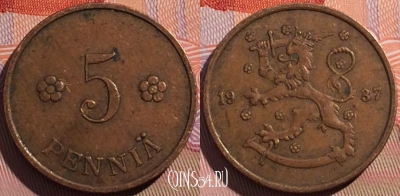 Финляндия 5 пенни 1937 года, KM# 22, a148-122