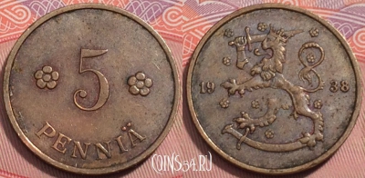 Финляндия 5 пенни 1938 года, KM# 22, 242-018