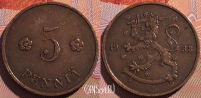 Финляндия 5 пенни 1938 года, KM# 22, a148-123