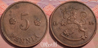 Финляндия 5 пенни 1939 года, KM# 22, 242-025