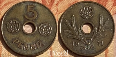 Финляндия 5 пенни 1941 года, KM# 64, 463q-189 ♛