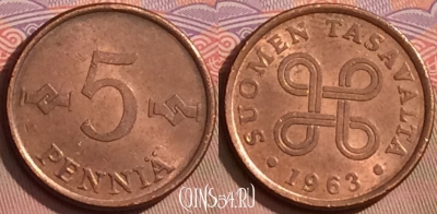 Финляндия 5 пенни 1963 года, KM# 45, 085l-082