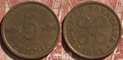Финляндия 5 пенни 1963 года, KM# 45, 463r-490
