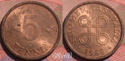 Финляндия 5 пенни 1968 года, KM# 45, a055-152
