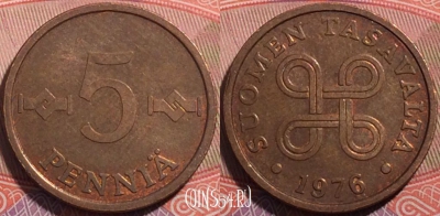 Финляндия 5 пенни 1976 года, KM# 45, a055-160