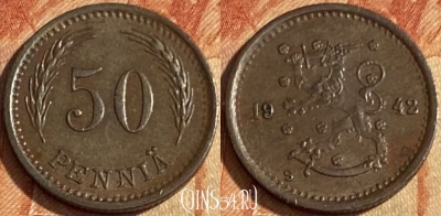 Финляндия 50 пенни 1942 года, KM# 26a, 463q-183 ♛