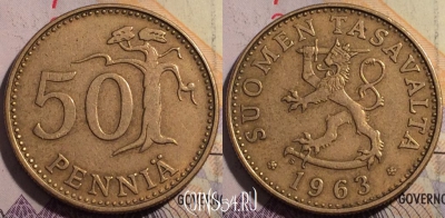 Финляндия 50 пенни 1963 года, KM# 48, 180a-101