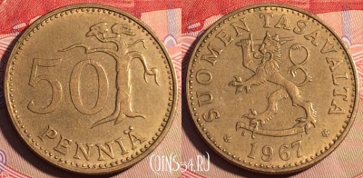 Финляндия 50 пенни 1967 года, редкая, KM# 48, 201a-036