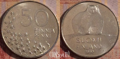 Финляндия 50 пенни 1992 года, KM# 66, 163a-128