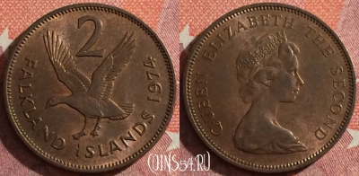 Фолклендские острова 2 пенса 1974 года, KM# 3, 044h-127