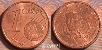 Франция 1 евроцент 2003 года, KM# 1282, 254k-093