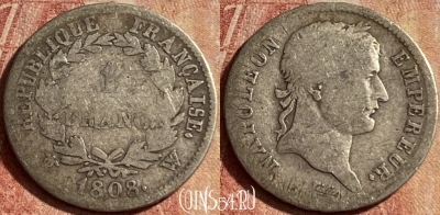 Франция 1 франк 1808 года, Ag, KM# 682, 135p-013 ♛