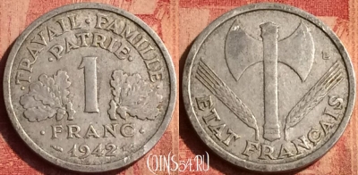 Франция 1 франк 1942 года, KM# 902, 391o-089