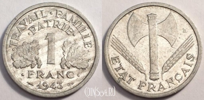Франция 1 франк 1943 года, KM# 902, 81-046a