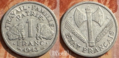 Франция 1 франк 1943 года, KM# 902, 288s-029