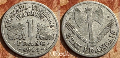 Франция 1 франк 1944 года, KM# 902, 290s-058
