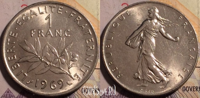 Франция 1 франк 1969 года, KM# 925, 180a-061
