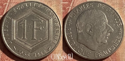 Франция 1 франк 1988 года, KM# 963, 165p-112