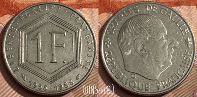Франция 1 франк 1988 года, KM# 963, 168s-074