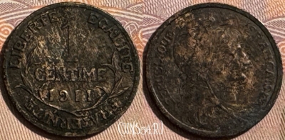 Франция 1 сантим 1911 года, KM# 840, 408s-116