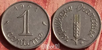Франция 1 сантим 1964 года, KM# 928, 355o-005