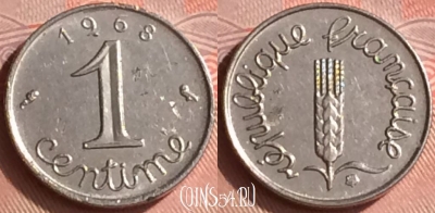 Франция 1 сантим 1968 года, KM# 928, 334o-143