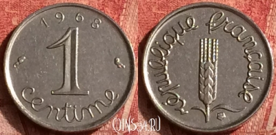 Франция 1 сантим 1968 года, KM# 928, 374o-096