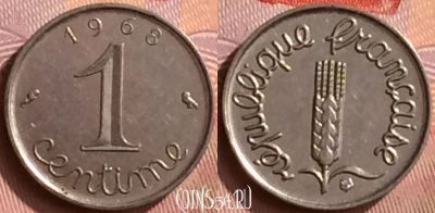 Франция 1 сантим 1968 года, KM# 928, 394o-059