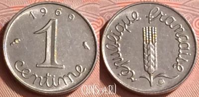 Франция 1 сантим 1969 года, KM# 928, 334o-086