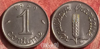 Франция 1 сантим 1969 года, KM# 928, 375o-021