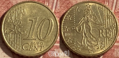 Франция 10 евроцентов 1999 года, KM# 1285, 090q-135
