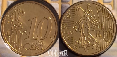 Франция 10 евроцентов 1999 года, KM# 1285, BU, 401n-006 ♛