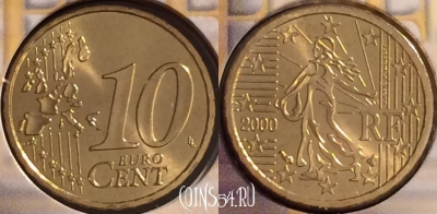 Франция 10 евроцентов 2000 года, KM# 1285, BU, 401n-014 ♛