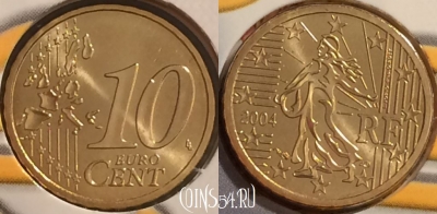 Франция 10 евроцентов 2004 года, KM# 1285, BU, 401n-046 ♛