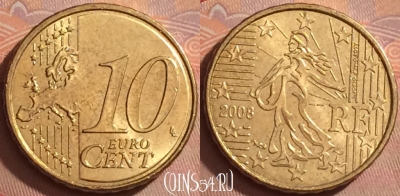 Франция 10 евроцентов 2008 года, KM# 1410, 376k-142