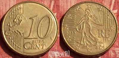 Франция 10 евроцентов 2010 года, KM# 1410, 351o-019