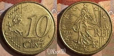 Франция 10 евроцентов 2011 года, KM# 1410, 434s-111